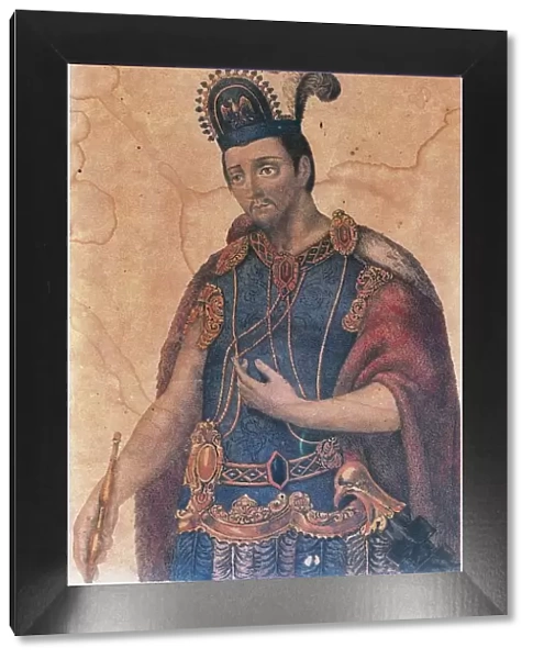 Portrait of Moctezuma II (or Motecuhzoma Xocoyotzin, 1466-1520), last Aztec king at Tenochtitlan by A. Delvaux, engraving, 1832