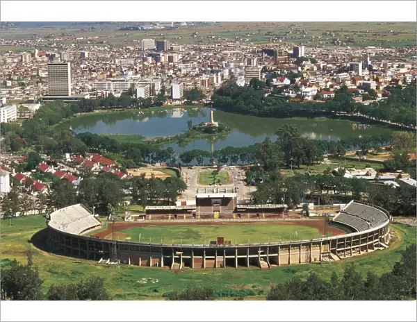 Madagascar, Aerial view of Antananarivo Stadium and Lake Anosy with war memorial