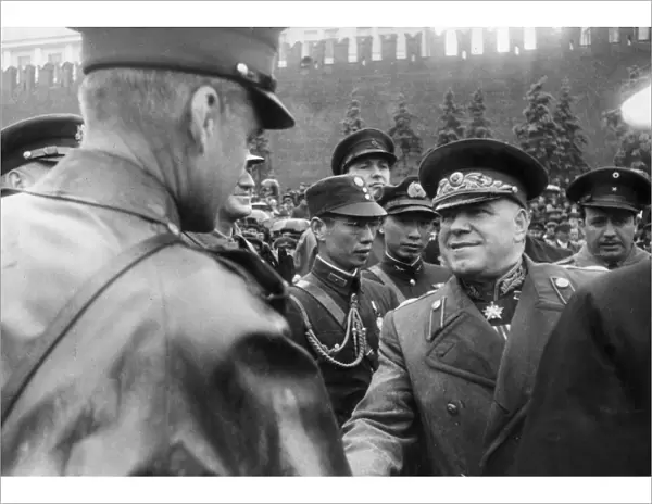 Marshal georgy zhukov greeting foreign military attaches during the time of the victory parade in moscow, may 1945