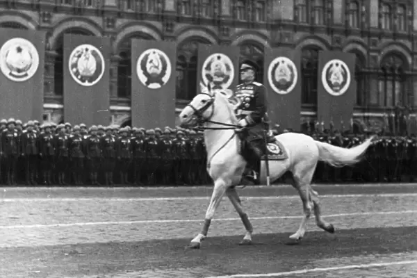 Marshal georgy zhukov riding across red square, reviewing the troops, prior to the victory parade on june 24, 1945