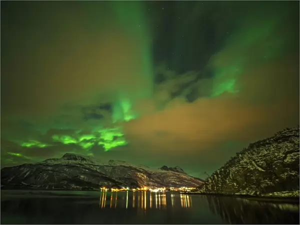 A snowy scene at Grotfjord in the winter at night with the Aurora Borealis, arctic circle of Norway