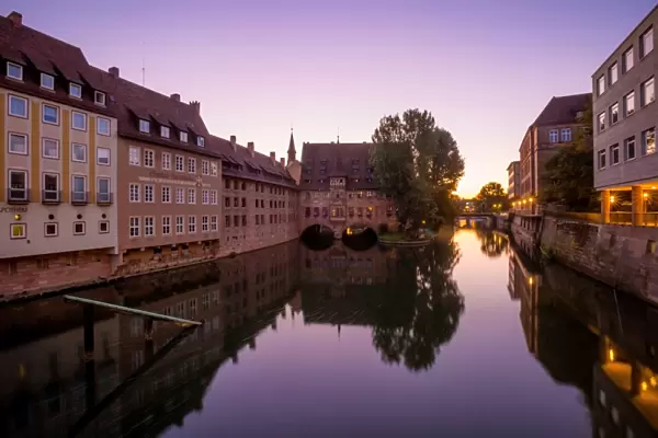 Sunrise View of Pegnitz River and the Hospice of the Holy Spirit (Heilig-Geist-Spital), Nuremberg, Middle Franconia, Bavaria, Germany