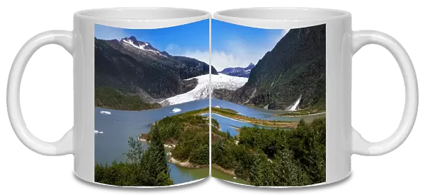 View of Mendenhall Lake and Glacier With Nugget Falls in Mendenhall Valley, Juneau, Alaska, United States of America, North America