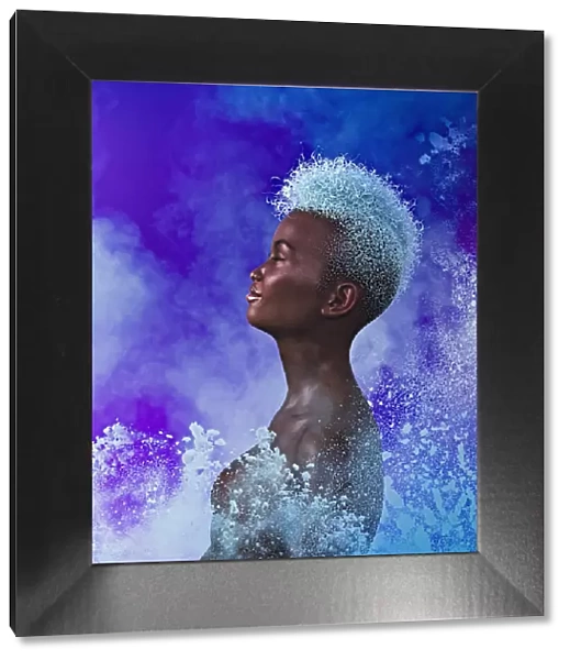 ar, augmented reality, bathing, beauty, blue hair, close up, cloud, color image, concept