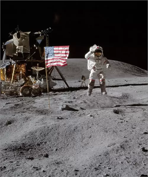 Astronaut John Young leaps from lunar surface to salute flag