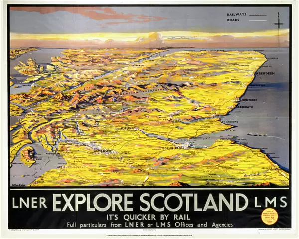 Explore Scotland - Its Quicker by Rail, LNER  /  LMS poster, 1923-1947