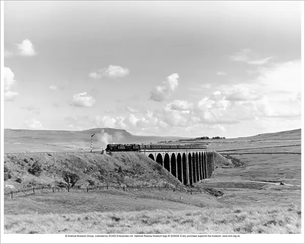 Steam trains going over the Ribblehead Viaduct, Settle and Carlisle line, c 1958