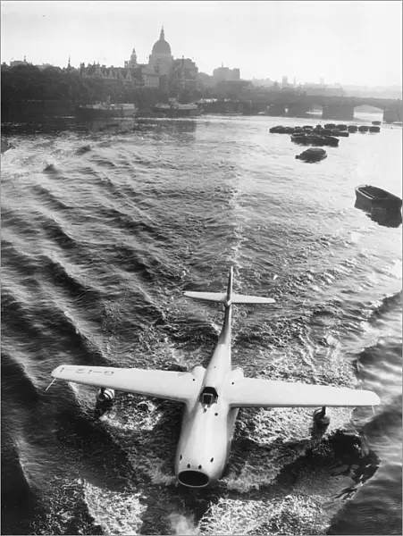 Saunders Roe A1; jet flying boat is towed to Westminster