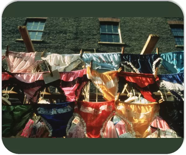 Knickers. Rows of brightly coloured knickers hanging on a washing line