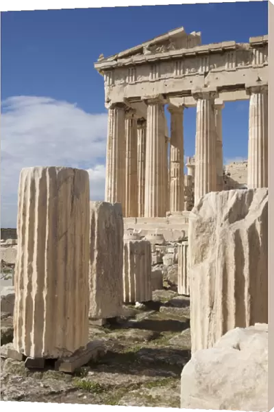 Ruined marble columns in front of Parthenon