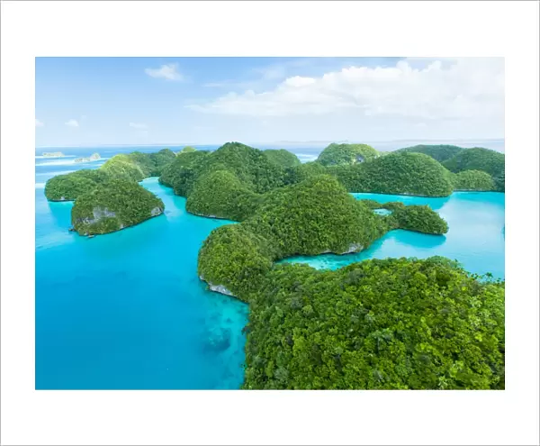 Flying over lush tropical rock islands, Palau