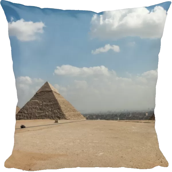 The three great Pyramids of Giza viewed from the edge of the plateau, Egypt