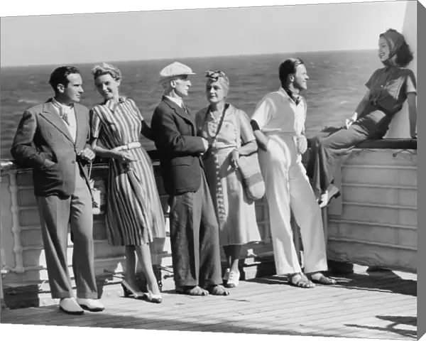 Group of people standing on cruiser deck (B&W)