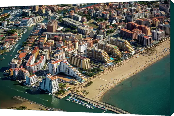 Aerial view, high-rise buildings, holiday resort on the beach, Roses, Golf de Roses, Catalonia, Spain