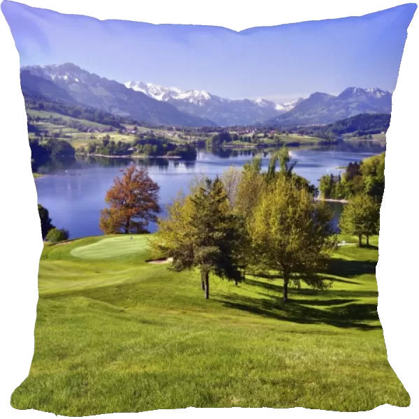 Golf course on the Lake of Gruyere or Lac de la Gruyere, Fribourg Alps at the back with Mt Moleson or Le Moleson, Canton of Fribourg, Switzerland