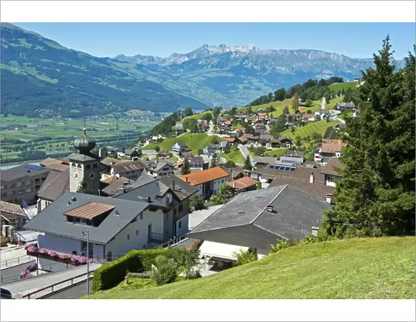 View from Triesenberg over the Rhine Valley towards the Alpstein Mountains, Principality of Liechtenstein