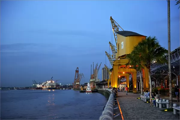Historic loading cranes, renovated port facility of Estacao das Docas with the promenade, restaurants and shops, Belem, Para, Brazil, South America