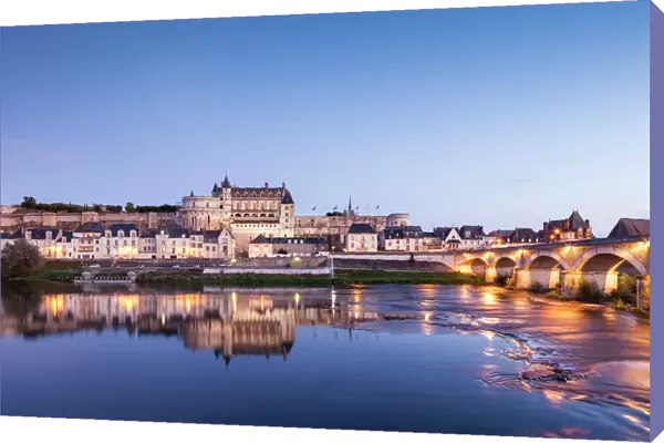 The walled town and Chateau of Amboise reflected in the River Loire in the evening, Amboise, Centre, France