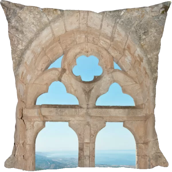 Gothic tracery, decorated window, St. Hilarion Castle, crusader castle, overlooking sea and coast, Turkish Republic of Northern Cyprus, Cyprus, Europe