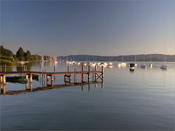 Pier with buoys in Dingelsdorf on Lake Constance, Baden-Wuerttemberg, Germany, Europe