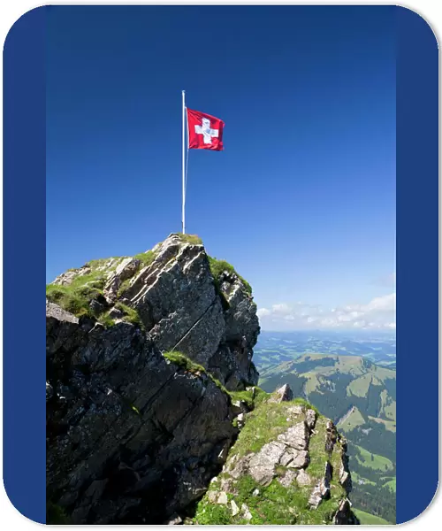 Swiss flag on a mountain in the Alpstein Range, Appenzell, Switzerland, Alps, Europe