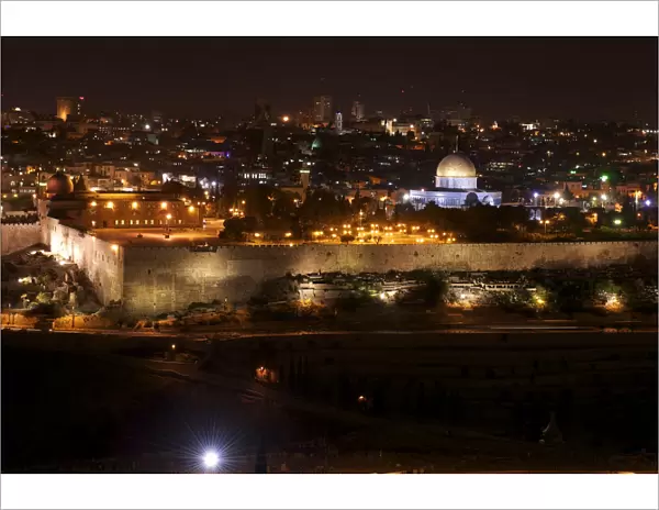 View from the Mount of Olives in Jerusalem by night, with Wailing Wall and Dome of the Rock, Israel, Middle East