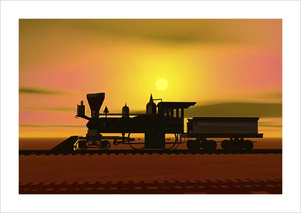 Historic locomotive at sunset, silhouette, 3D graphics