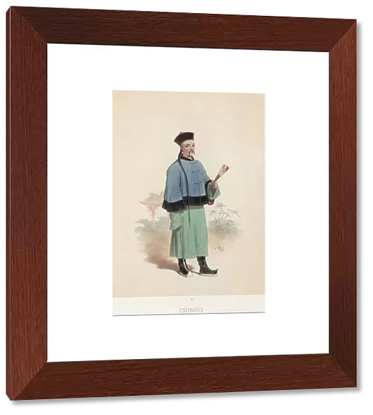Chinaman. circa 1800: A Chinese man wearing his hair in a long plait, and carrying a fan