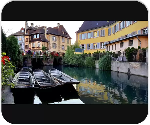 La Petite Venise (Little Venice) with moored excursion boats, Colmar, Alsace, France