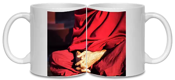 Close up of Burmese buddhist monk hands praying