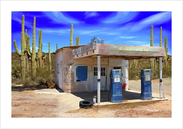 Retro Style Desert Scene with Old Gas Station and Saguaro Cactus