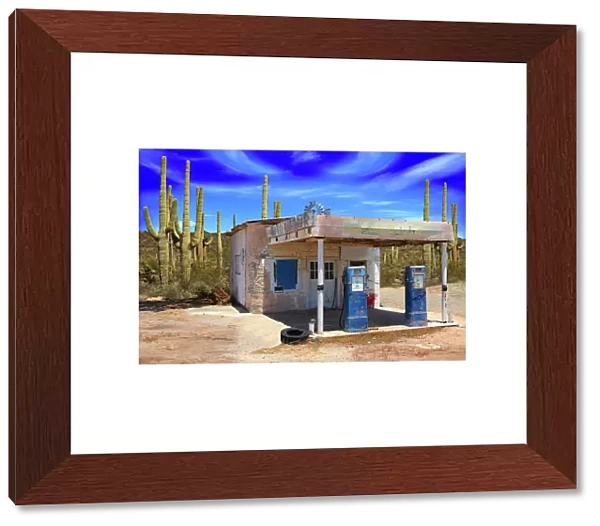 Retro Style Desert Scene with Old Gas Station and Saguaro Cactus