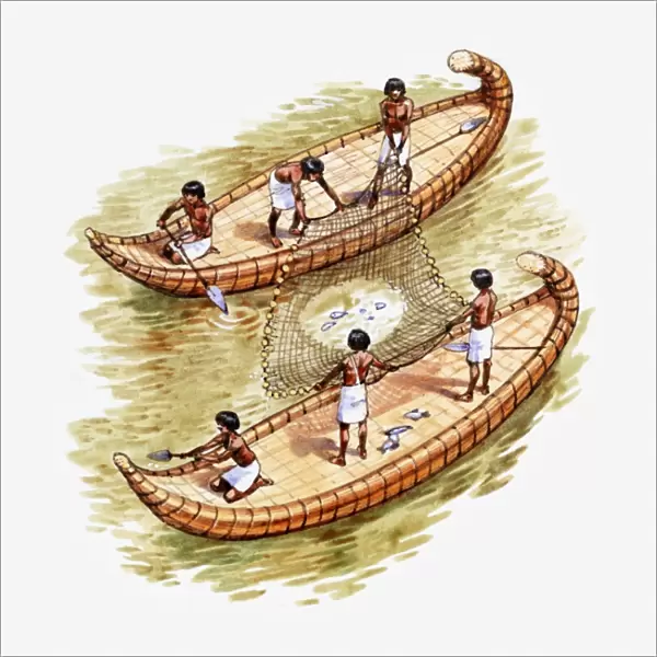 Illustration of two Ancient Egyptian fishing boats on the river Nile, side by side, linked together by net used to scoop up fish