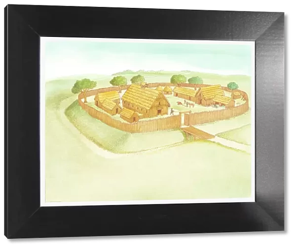 Illustration of Anglo-Saxon village surrounded by high wooden fence, and moat