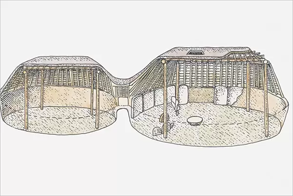 Cutaway illustrations of pre-pueblo pithouses, built by the Anasazi, Colorado