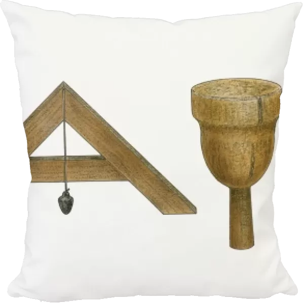 Illustration of wooden square level with a plum bob, rock hammer, copper chisels and wooden mallet tools used in Ancient Egyptian masonry