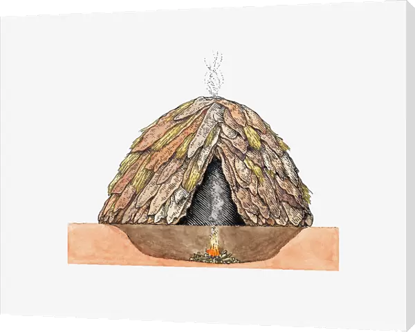 Cross section illustration of oval house made from animal skins with fire below ground and smoke rising above, Nabta Playa, Egypt