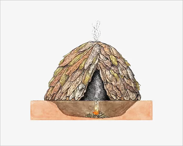 Cross section illustration of oval house made from animal skins with fire below ground and smoke rising above, Nabta Playa, Egypt
