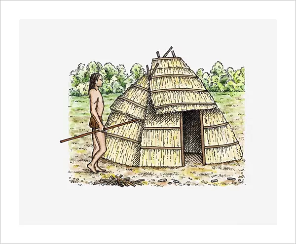 Illustration of Native American standing outside hut in prehistoric Icehouse Bottom, Monroe County, Tennessee