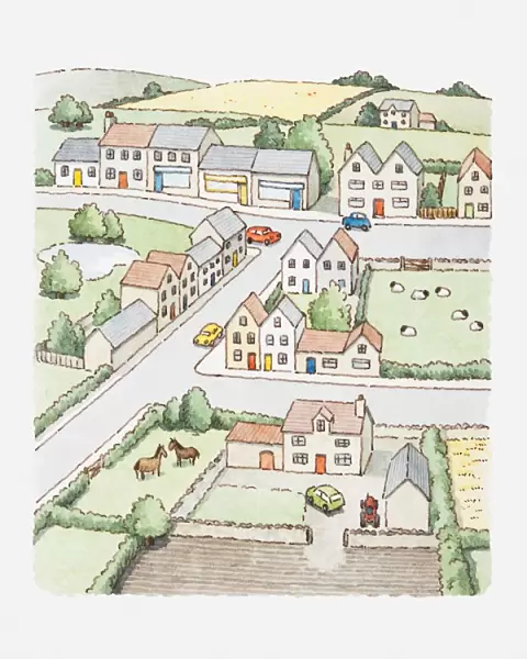 Illustration of a rural small town or village