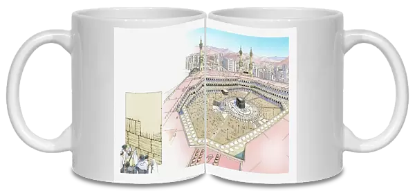 Illustration of the city of Mecca in Saudi Arabia and the Wailing Wall in the Old City of Jerusalem