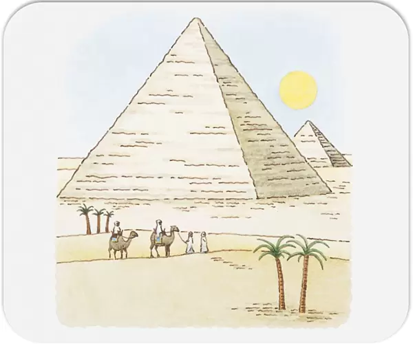 Illustration of pyramids and group of men with camels walking across the desert landscape
