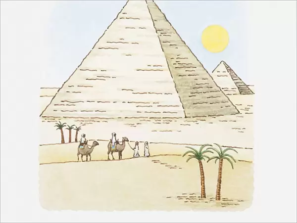 Illustration of pyramids and group of men with camels walking across the desert landscape