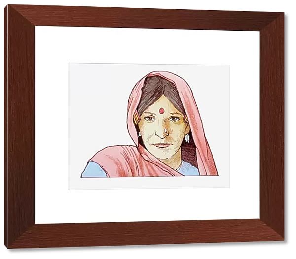 Illustration of woman wearing headscarf and bindi on her forehead