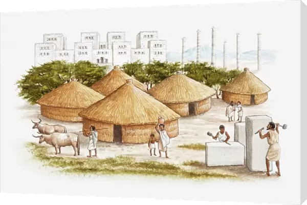 Illustration of ancient East African city of Axum showing people working marble in the foreground, conical grass huts, and royal palace in background