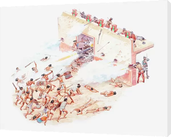 Illustration of Aztecs attacking the Spaniards at palace of Moctezuma