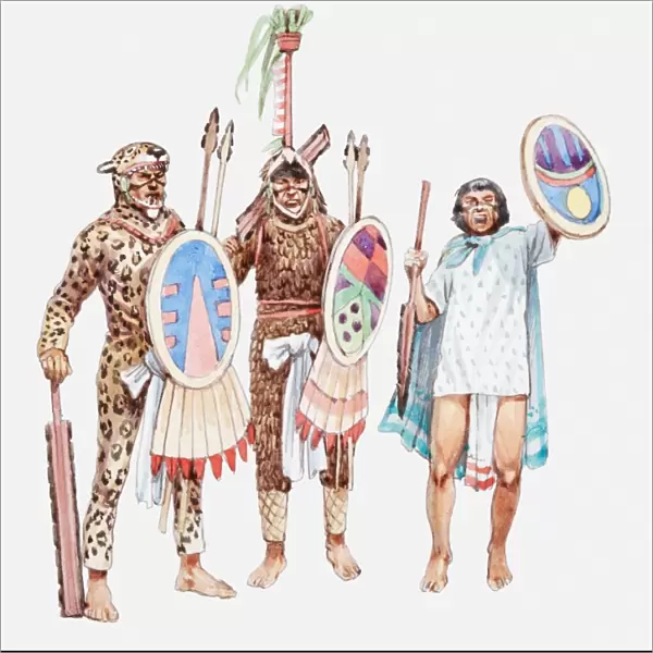 Illustration of Jaguar warriors and Aztec soldier holding shields and spears