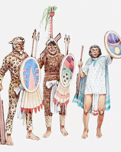 Illustration of Jaguar warriors and Aztec soldier holding shields and spears