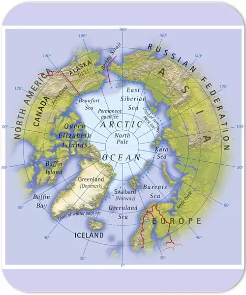 Digital illustration of map showing position of Arctic Ocean and surrounding continents