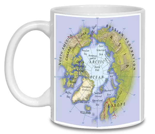 Digital illustration of map showing position of Arctic Ocean and surrounding continents